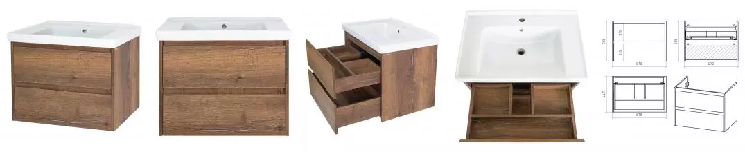 Тумба с раковиной «Brevita» Dallas 70 (Grace 70) подвесная дуб галифакс олово