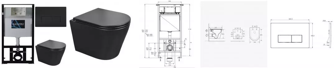 Комплект инсталляция с унитазом, крышкой и кнопкой смыва «Azario» Teramo AZ-8010-1000 AZ-8200-0092/AZ-P58-0190 AZ -053E-R-MB/ AZ-0053-MB безободковый черный матовый