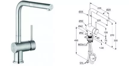 Смеситель для кухонной мойки «Kludi» Steel 45851F877 с выдвижным изливом нержавеющая сталь