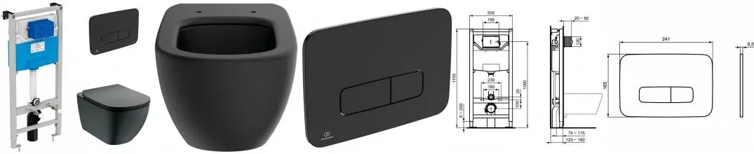 Комплект инсталляция с унитазом, крышкой и кнопкой смыва «Ideal Standard» Tesi Aqua Blade T3868V3/123A6 безободковый черный Комплект инсталляция с унитазом, крышкой и кнопкой смыва «Ideal Standard» Tesi Aqua Blade T3868V3/123A6 безободковый черный