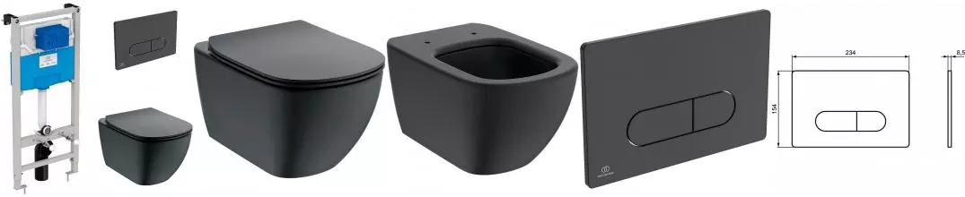 Комплект инсталляция с унитазом, крышкой и кнопкой смыва «Ideal Standard» Tesi Aqua Blade T3868V3/115A6 безободковый черный Комплект инсталляция с унитазом, крышкой и кнопкой смыва «Ideal Standard» Tesi Aqua Blade T3868V3/115A6 безободковый черный