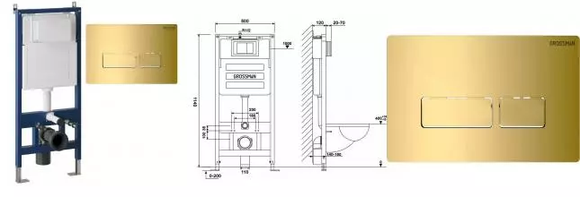 Инсталляция для унитаза с кнопкой «Grossman» 97.03.300 (900.K31.01.000/клавиша Pragma золото)