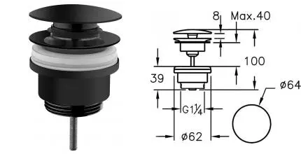 Донный клапан для раковины «Vitra» Origin A4514936WTC с механизмом Клик-Клак чёрный матовый