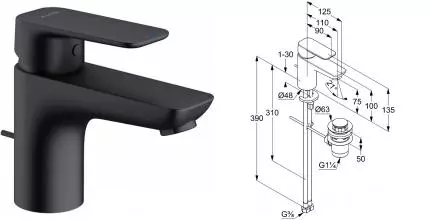 Смеситель для раковины «Kludi» Pure&Style 403823975 с донным клапаном чёрный матовый