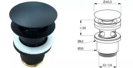 Донный клапан для раковины «Kludi» PUSH-OPEN 1042639-00 с механизмом Клик-Клак черный матовый