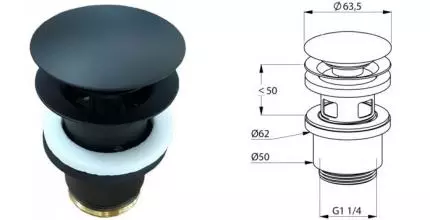 Донный клапан для раковины «Kludi» PUSH-OPEN 1042639-00 с механизмом Клик-Клак черный матовый Донный клапан для раковины «Kludi» PUSH-OPEN 1042639-00 с механизмом Клик-Клак черный матовый