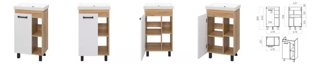 Тумба с раковиной «Misty» Крафт 50 (Moduo 50 Slim) белая/дуб крафт золотой левая