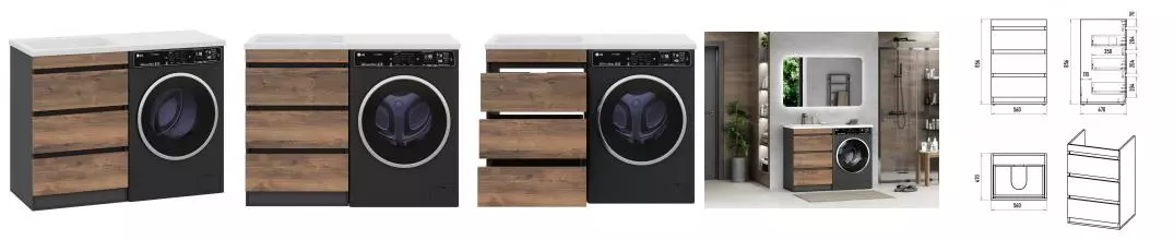 Тумба с раковиной под стиральную машину «Misty» Коломбо 60 (Гавана 120 левая) дуб Галифакс/антрацит
