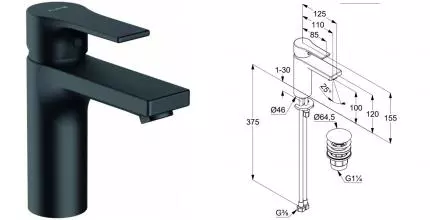 Смеситель для раковины «Kludi» Zenta SL 482983965 с донным клапаном чёрный матовый