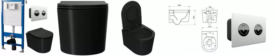 Комплект инсталляция с унитазом, крышкой и кнопкой смыва «Point» PN48209WC (инсталляция пневматическая PN45121/клавиша Венера/унитаз Веста PN41701BM) безободковый черный матовый