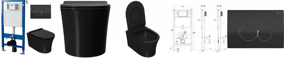 Комплект инсталляция с унитазом, крышкой и кнопкой смыва «Point» PN48212BC (инсталляция пневматическая PN45121/клавиша Венера/унитаз Вега) безободковый черный матовый