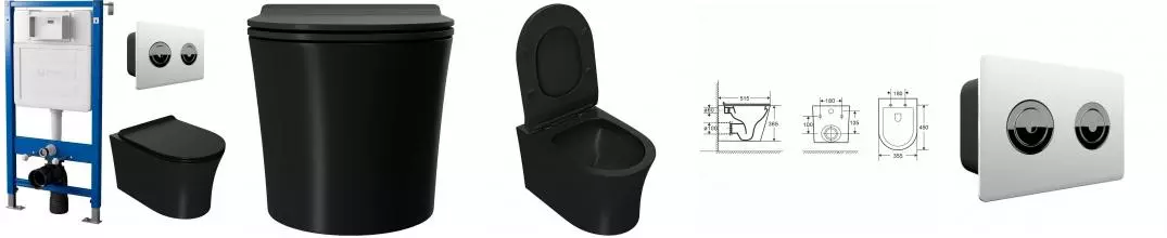 Комплект инсталляция с унитазом, крышкой и кнопкой смыва «Point» PN48213WC (инсталляция пневматическая PN45121/клавиша Венера/унитаз Вега) безободковый черный матовый