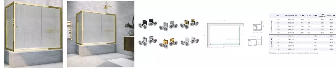 Шторка на ванну стеклянная «Vegas Glass» ZV+ZVF Tur Novo 170/80 Moru рифлёная/золото глянцевое универсальная