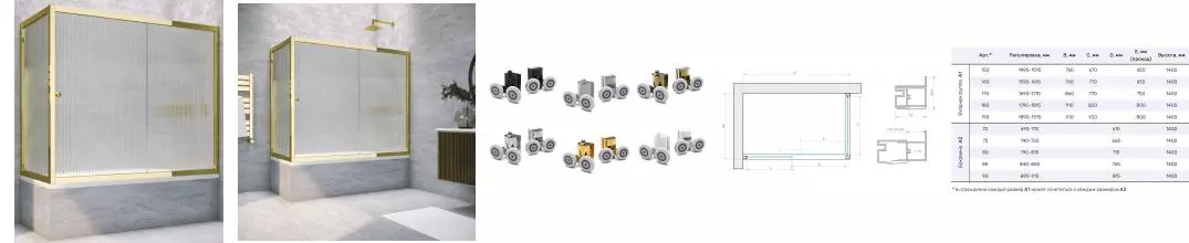 Шторка на ванну стеклянная «Vegas Glass» ZV+ZVF Tur Novo 170/85 Moru рифлёная/золото глянцевое универсальная