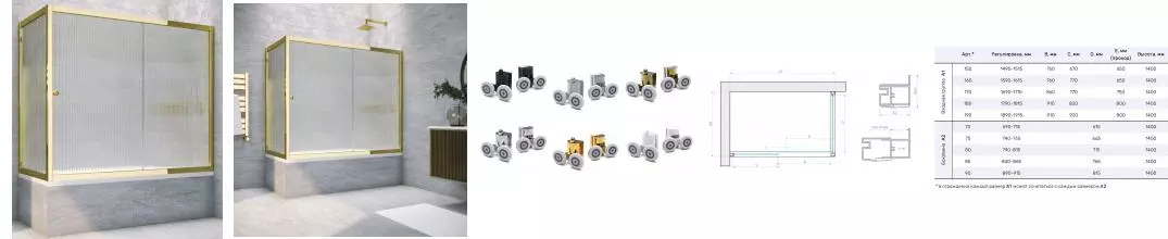 Шторка на ванну стеклянная «Vegas Glass» ZV+ZVF Tur Novo 180/75 Moru рифлёная/золото глянцевое универсальная