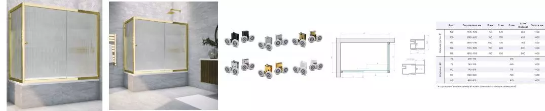 Шторка на ванну стеклянная «Vegas Glass» ZV+ZVF Tur Novo 180/90 Moru рифлёная/золото глянцевое универсальная