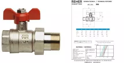Кран шаровой магистральный  «Remer» RR 366 1/2"-1/2" прямая ВР-НР (американка) никель