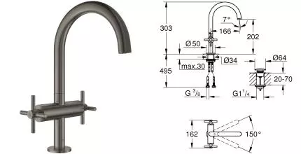 Смеситель для раковины «Grohe» Atrio 21019AL3 с донным клапаном матовый графит Смеситель для раковины «Grohe» Atrio 21019AL3 с донным клапаном матовый графит