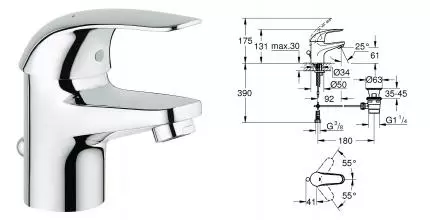 Смеситель для раковины «Grohe» Start Eco 23264000 с донным клапаном хром Смеситель для раковины «Grohe» Start Eco 23264000 с донным клапаном хром