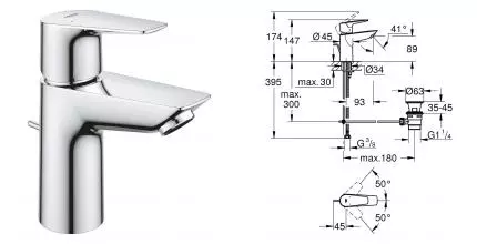 Смеситель для раковины «Grohe» Start Edge 24196001 с донным клапаном хром Смеситель для раковины «Grohe» Start Edge 24196001 с донным клапаном хром