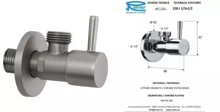 Кран бытовой «Remer» RR128L NP 1/2"-1/2" НР-НР никель матовый