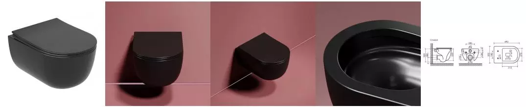 Подвесной унитаз безободковый «Ceramica Nova» Modena CN6063MB черный матовый с сиденьем дюропласт с микролифтом чёрное Подвесной унитаз безободковый «Ceramica Nova» Modena CN6063MB черный матовый с сиденьем дюропласт с микролифтом чёрное