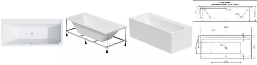 Ванна акриловая «Corpa Nera» Bellini 180/80 без опор без сифона белая