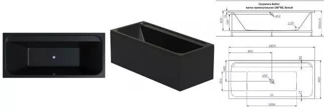 Ванна акриловая «Corpa Nera» Bellini 180/80 без опор без сифона чёрная матовая