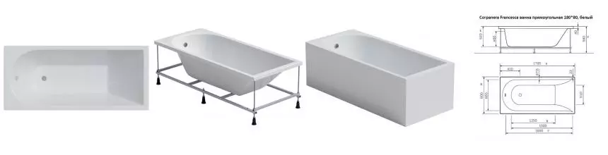 Ванна акриловая «Corpa Nera» Francesca 180/80 без опор без сифона белая