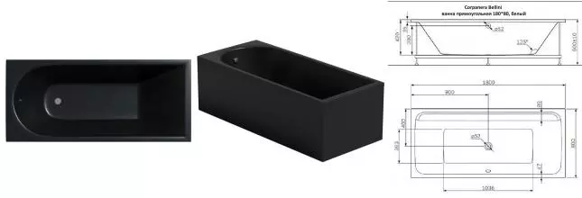 Ванна акриловая «Corpa Nera» Francesca 180/80 без опор без сифона чёрная матовая