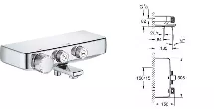 Смеситель для ванны «Grohe» Grohtherm SmartControl 34718000 с термостатом хром Смеситель для ванны «Grohe» Grohtherm SmartControl 34718000 с термостатом хром