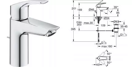 Смеситель для раковины «Grohe» Eurosmart 33265003 с донным клапаном хром Смеситель для раковины «Grohe» Eurosmart 33265003 с донным клапаном хром
