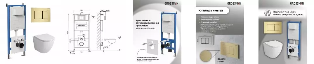 Комплект инсталляция с унитазом, крышкой и кнопкой смыва «Grossman» 97.4455SQ.04.32M безободковый