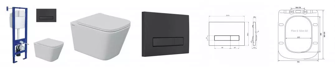 Комплект инсталляция с унитазом, крышкой и кнопкой смыва «Berges Wasserhaus» 043345 Atom Line/Floe S Rimless/кнопка чёрная Soft Touch безободковый белый