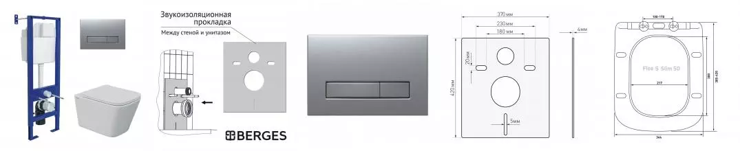 Комплект инсталляция с унитазом, крышкой и кнопкой смыва «Berges Wasserhaus» Atom Line/Floe S Rimless/кнопка матовый хром 043347 безободковый белый