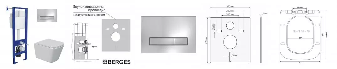 Комплект инсталляция с унитазом, крышкой и кнопкой смыва «Berges Wasserhaus» Atom Line/Floe S Rimless/кнопка глянцевый хром 043348 безободковый белый