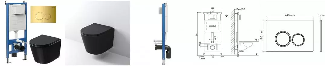 Комплект инсталляция с унитазом, крышкой и кнопкой смыва «Grossman» 97.4477BMSQ.01.300 безободковый чёрный матовый Комплект инсталляция с унитазом, крышкой и кнопкой смыва «Grossman» 97.4477BMSQ.01.300 безободковый чёрный матовый