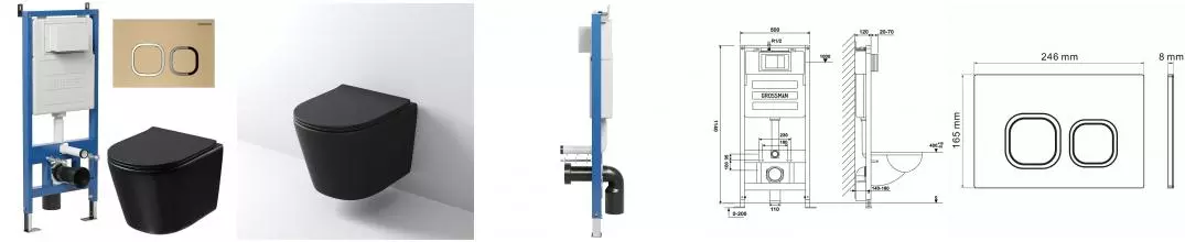 Комплект инсталляция с унитазом, крышкой и кнопкой смыва «Grossman» 97.4477BMSQ.02.310 безободковый чёрный матовый
