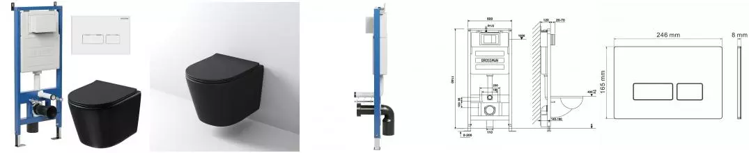 Комплект инсталляция с унитазом, крышкой и кнопкой смыва «Grossman» 97.4477BMSQ.03.000 безободковый чёрный матовый