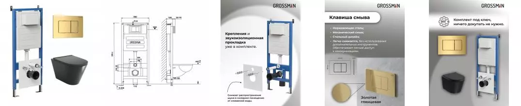 Комплект инсталляция с унитазом, крышкой и кнопкой смыва «Grossman» 97.4477BMSQ.04.30M безободковый чёрный матовый