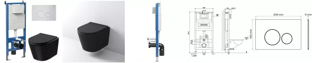 Комплект инсталляция с унитазом, крышкой и кнопкой смыва «Grossman» 97.4477BMSQ.05.01M безободковый чёрный матовый