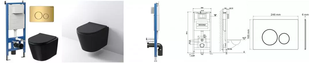 Комплект инсталляция с унитазом, крышкой и кнопкой смыва «Grossman» 97.4477BMSQ.05.30M безободковый чёрный матовый
