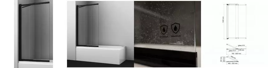 Шторка на ванну стеклянная «WasserKRAFT» Dill 61S02-80 Fixed 80/140 WasserSchutz прозрачная/чёрная универсальная Шторка на ванну стеклянная «WasserKRAFT» Dill 61S02-80 Fixed 80/140 WasserSchutz прозрачная/чёрная универсальная