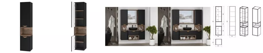 Пенал «Brevita» Bergen 35 подвесной чёрный матовая эмаль/дуб Галифакс олово левый