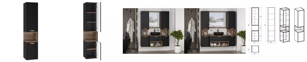 Пенал «Brevita» Bergen 35 подвесной чёрный матовая эмаль/дуб Галифакс олово правый