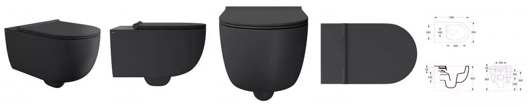 Подвесной унитаз безободковый «Alice» Unica 32240108/MC2208ES черный матовый с сиденьем дюропласт с микролифтом чёрное