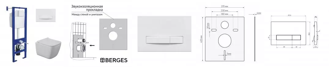 Комплект инсталляция с унитазом, крышкой и кнопкой смыва «Berges Wasserhaus» Atom Line/Quattro S Rimless/кнопка белая 043363 безободковый белый