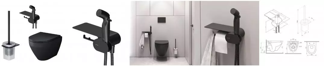 Подвесной унитаз безободковый «Am.Pm» Spirit V2.0 CK70H1103B чёрный (с гигиеническим душем и асессуарами) с сиденьем дюропласт с микролифтом