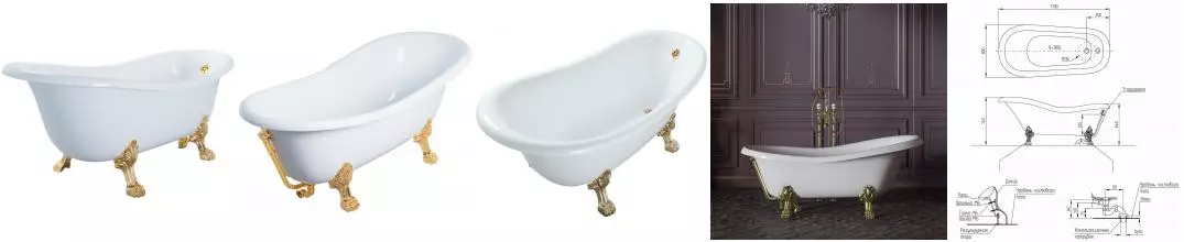Ванна из литьевого мрамора «Migliore» Bella 170/80 с ножками с сифоном белая на лапах Leone Lux золото