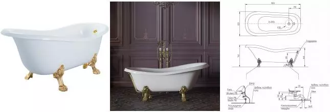 Ванна из литьевого мрамора «Migliore» Milady 185/82 с ножками с сифоном белая на лапах Leone Standart золото